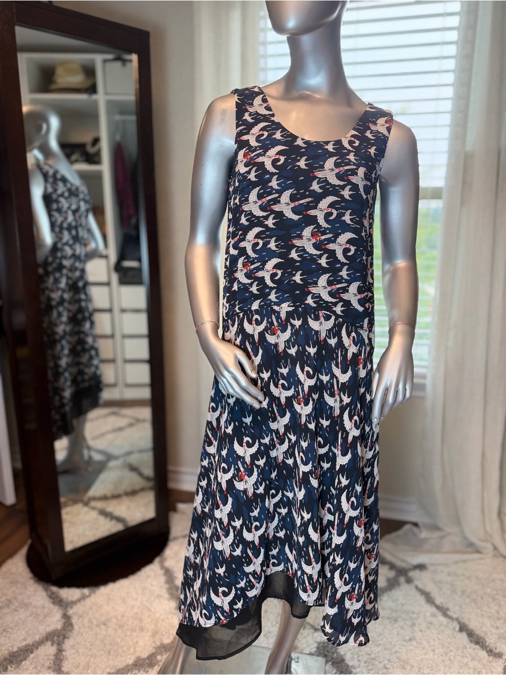 Jucy Judy Bird Print Midi Dress Small Navy Sleeveless Sheer Hem Y2K Korean